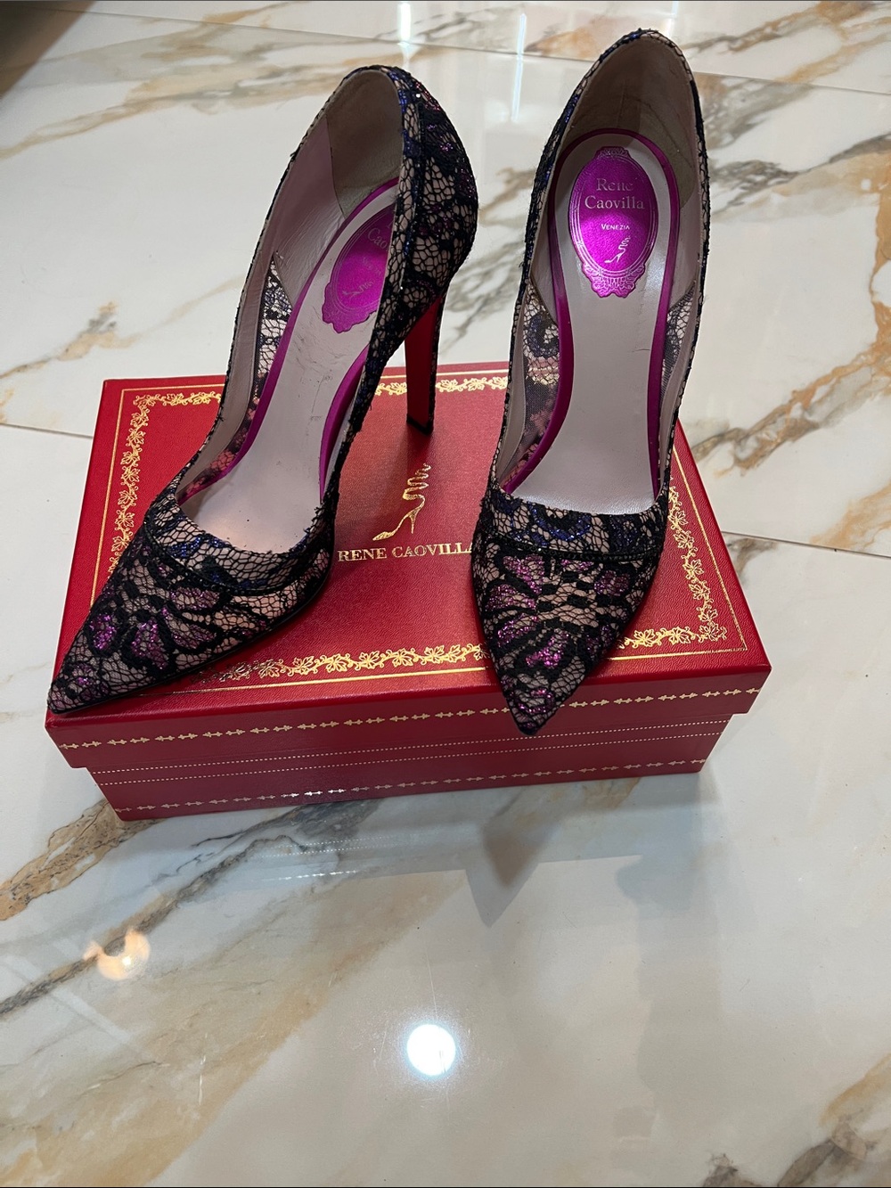 Rene Caovilla Black Lace Pointed Pumps with Pink Accents